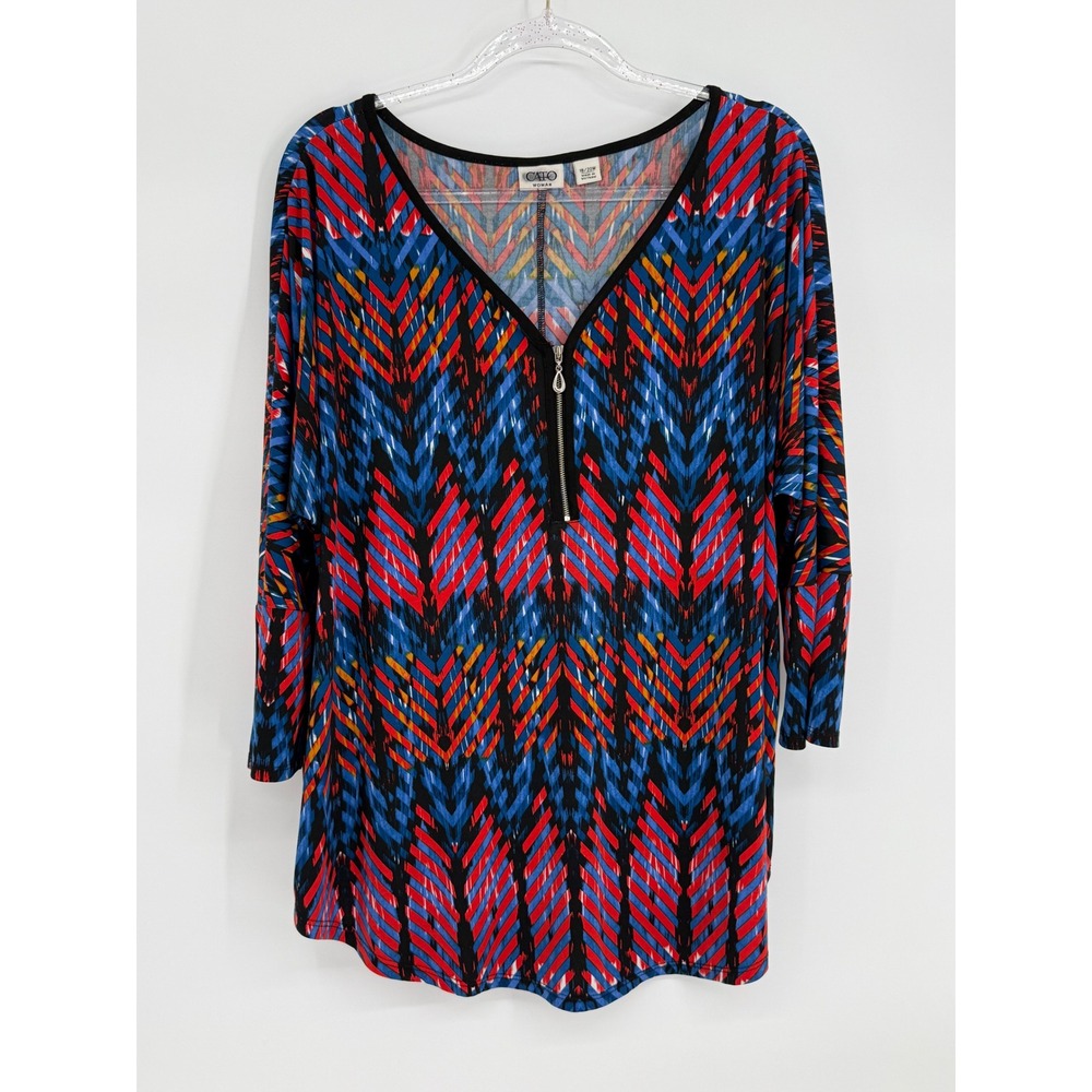 Cato Woman Plus Sz 18/20W Geometric Tunic Top V-Neck Zipper 3/4 Sleeve Multi